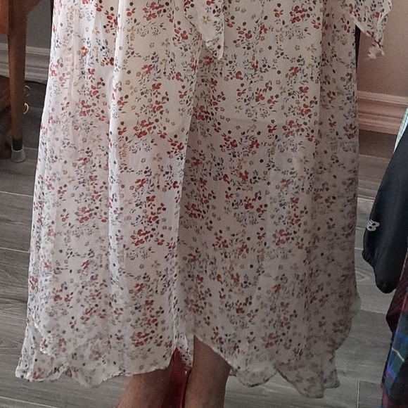 Romantic bohemian tiny floral chiffon sleeves summer dress lined hi low hem S - Picture 5 of 16